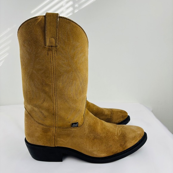 Justin Mens Tan Suede Leather Western Cowboy Boots Rubber Lug Sole Stitched 12